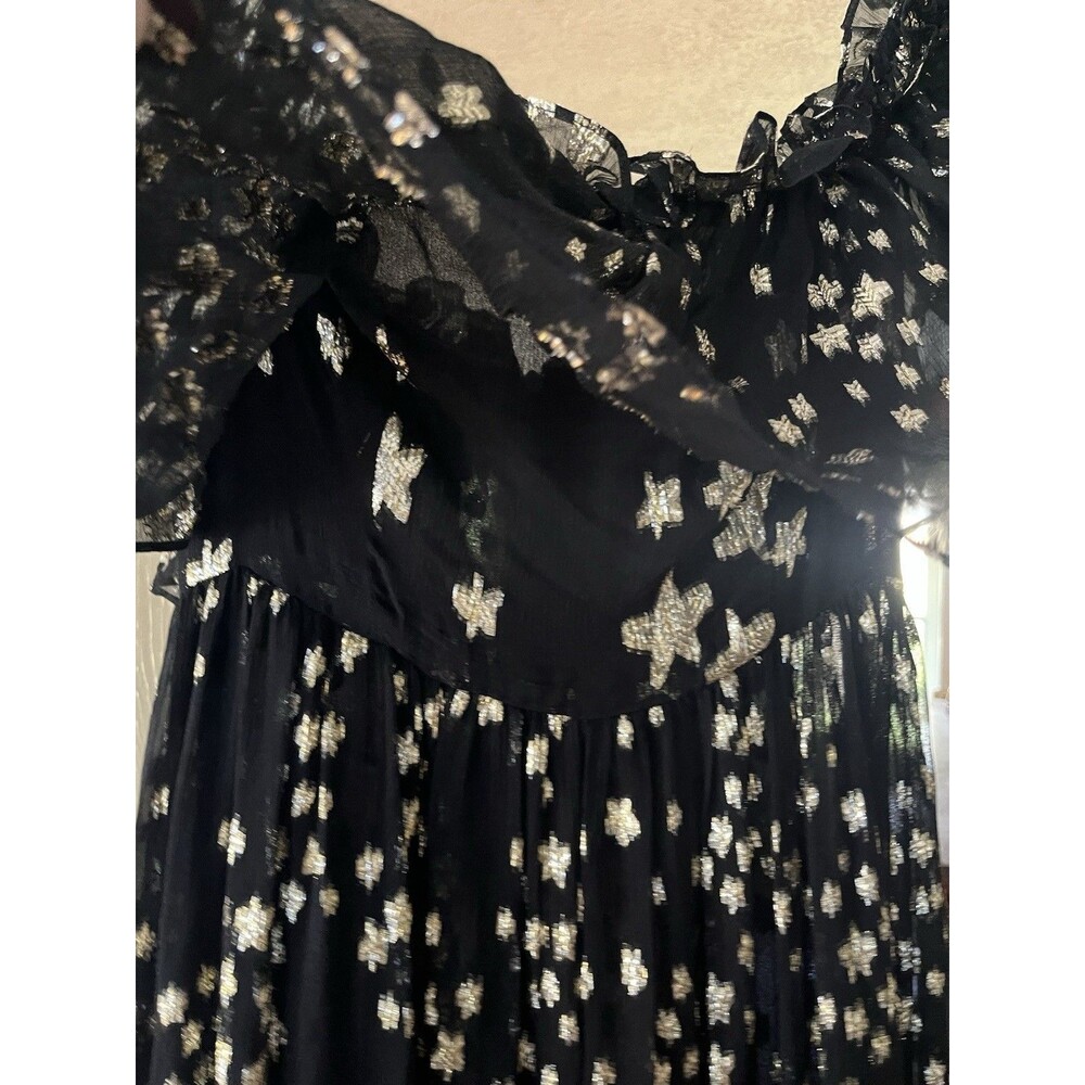 LoveShackFancy Black Silk Gold Metallic Star Maxi Off Shoulder Chiffon Dress 2 - Picture 7 of 16